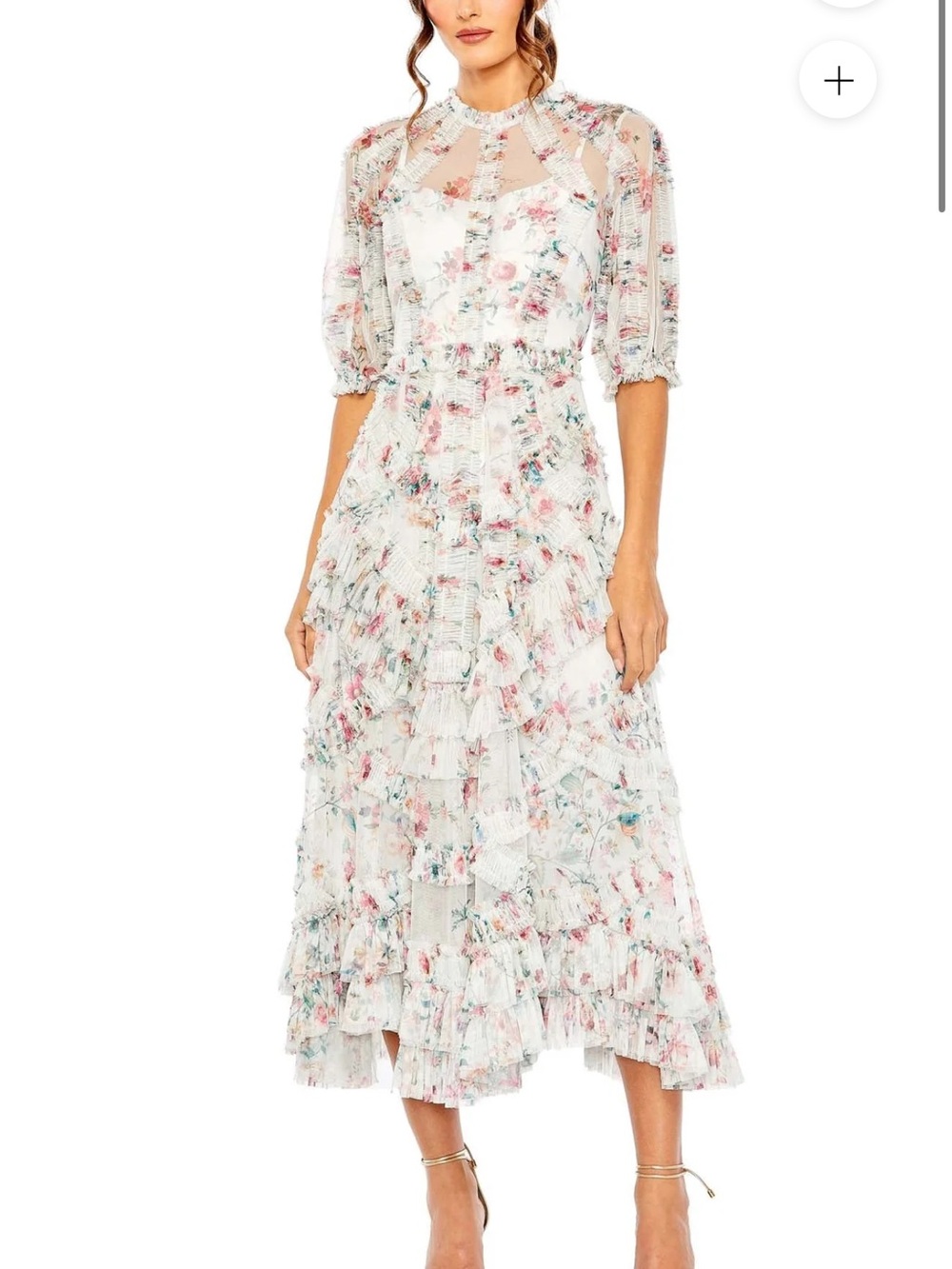 NWT Mac Duggal Floral  Ruffle Midi Dress in White and Pink